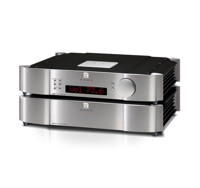 Moon 850P Dual Chassis Reference Balanced Preamplifier in silver.