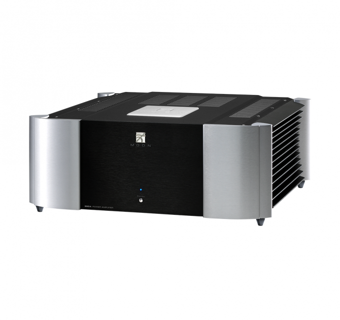 Moon 860A v2 Dual Mono Reference Two-Channel Power Amplifier in black and silver.