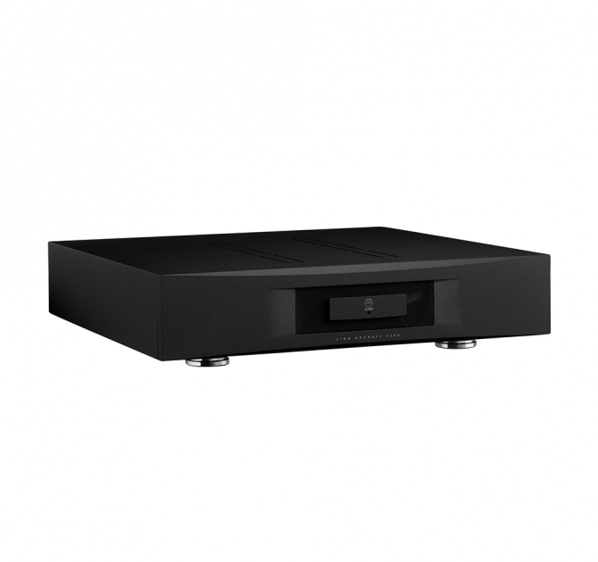 Linn Akurate 4200 in black front, side and top view.