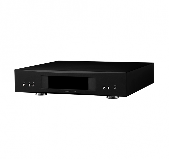 Linn Akurate DS in black, front, top and side view.