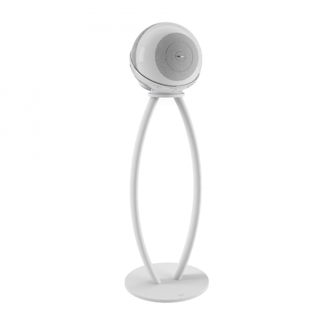 Cabasse Pearl Akoya Stand in white with the Akyoa speaker on top