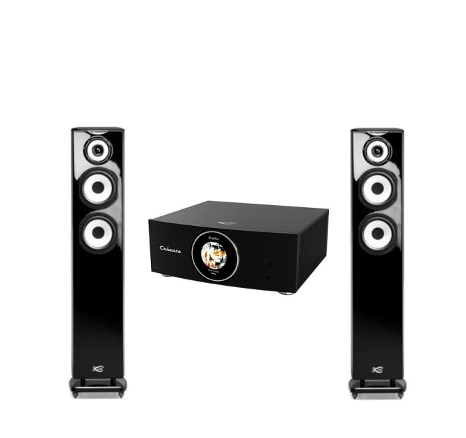 A pair of Cabasse JAVA MC40 speakers with the Cabasse AMP 240 S.  All three items are black.