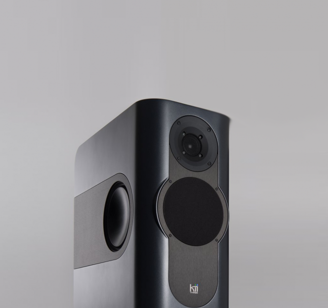 A single Kii Three Loudspeaker in Dark Grey