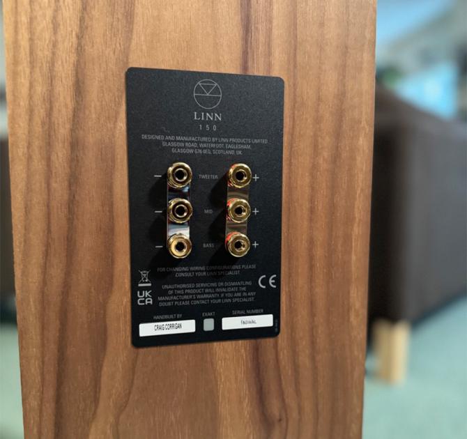 Linn 150 speaker in walnut at ripcaster close-up of the back panel