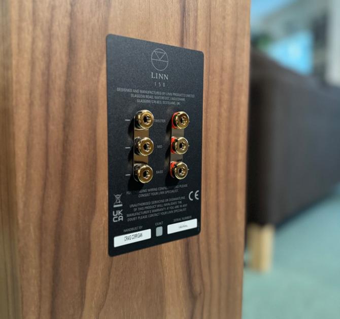 Linn 150 speaker in walnut at ripcaster close-up of the back panel