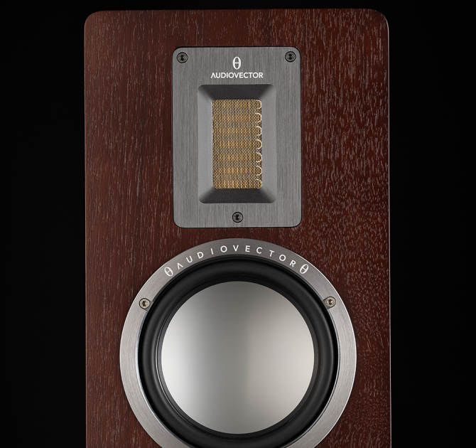 Audiovector QR5 close-up of the top of a dark walnut speaker