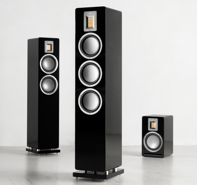 Audiovector QR5 with QR3 and QR1.  All in black against a white background.
