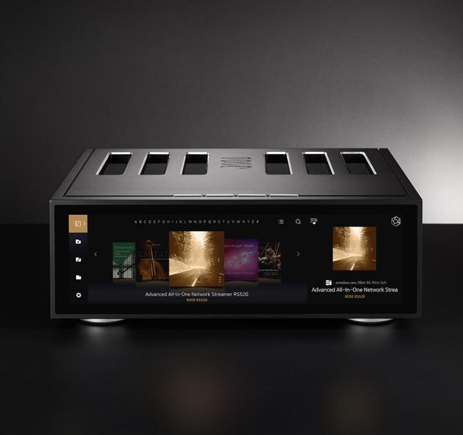 HiFi Rose RA520 Network Streamer in black.  Front and top view