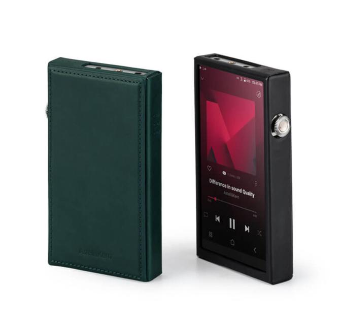 A pair of Astell & Kern SE300 cases.  One facing towards us with a player in the case