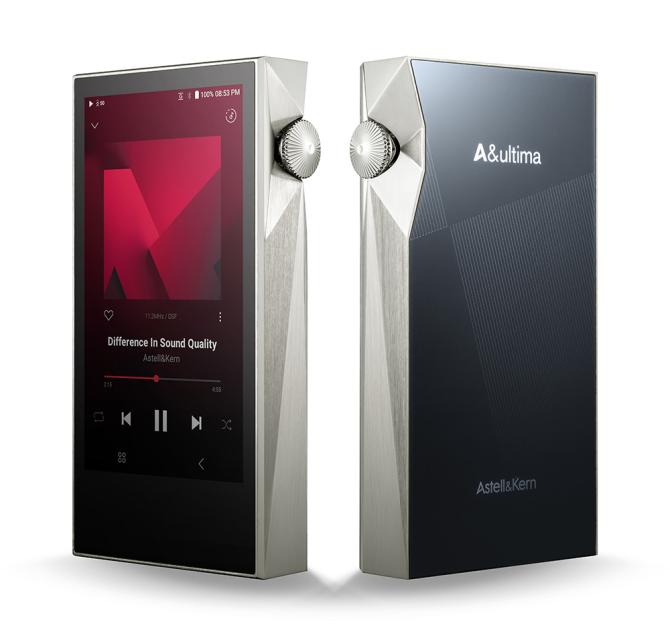 A pair of Astell & Kern A&ultima SP3000M Portable Music Players.  Both in copper nickel.  One seen from the front and one from the back.