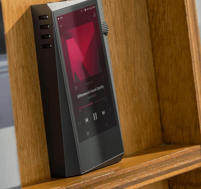 Astell & Kern A&norma SR35 Portable Music Player on a wooden shelf