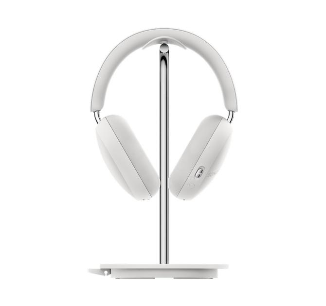 White Sonos Ace Headphones on the white stand viewed from the front