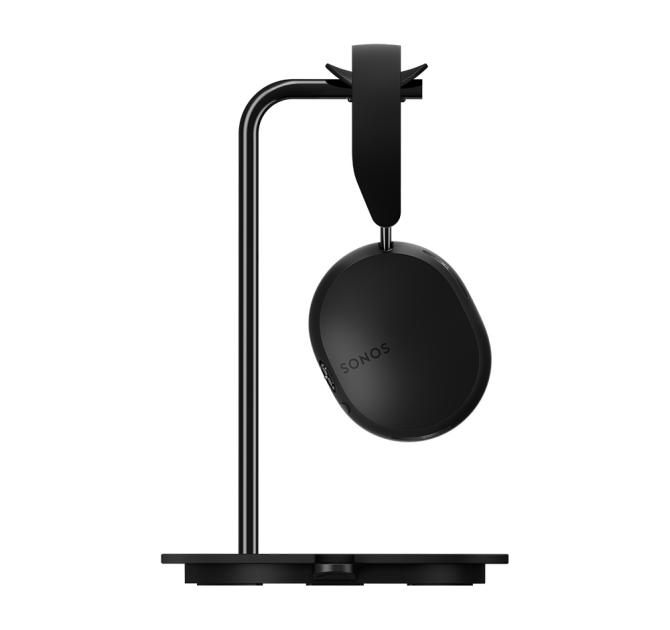 Black Sonos Ace Headphones on the black stand viewed from the side