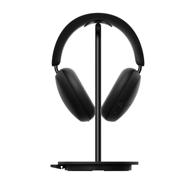 Black Sonos Ace Headphones on the black stand viewed from the front