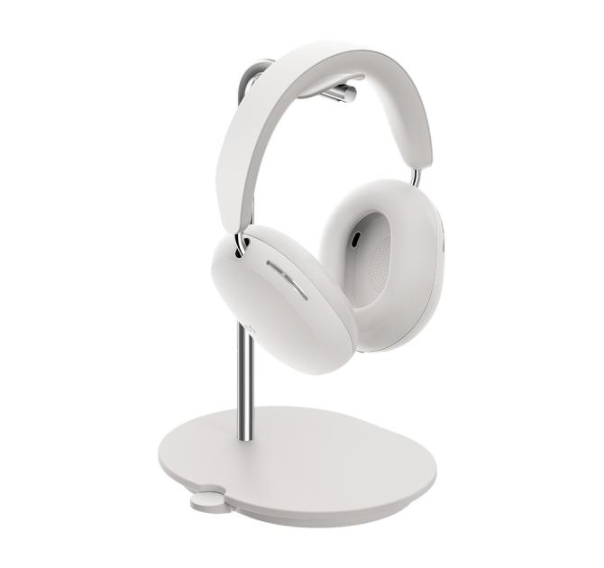 White Sonos Ace Headphones on the white stand viewed at an angle