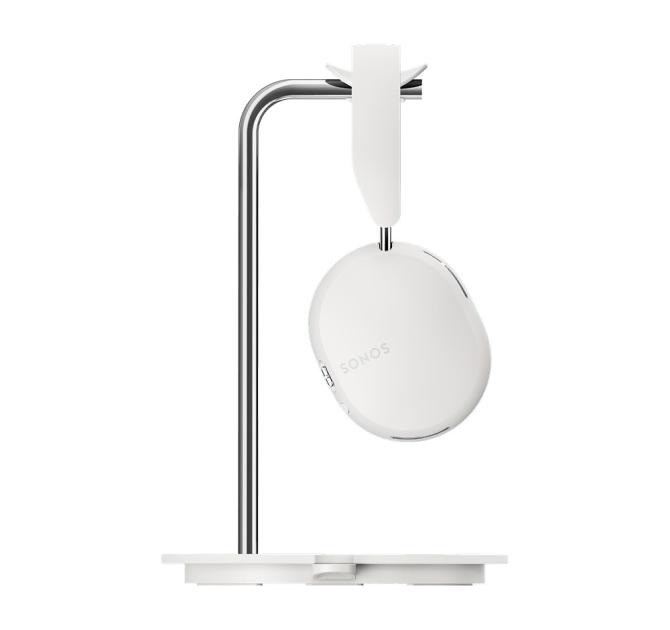 White Sonos Ace Headphones on the white stand viewed from the side