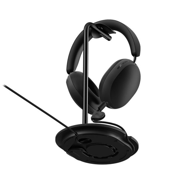 Black Sonos Ace Headphones on the black stand viewed from underneath 