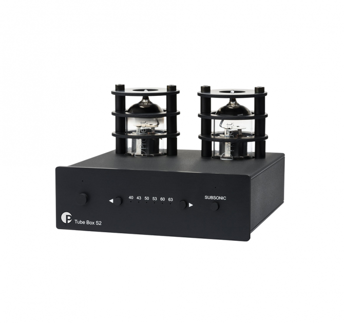 Project Tube Box S2 MM/MC Phono stage in black, front, side and top view
