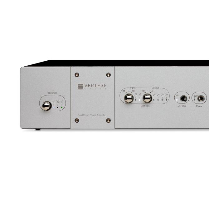 Close-up view of the silver Vertere CALON Dual Mono Phono Preamplifier