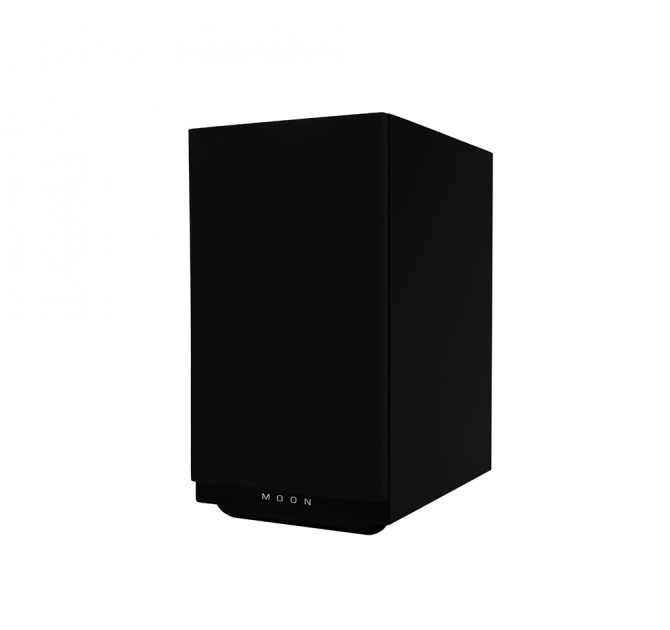 Moon Voice 22 Loudspeaker in black, front view with grille on.