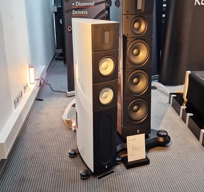 Raidho Acoustics X2.6 Loudspeaker beside a much larger Raidho speaker at the Munich 2024 HiFi show
