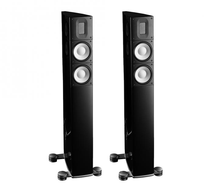 Raidho Acoustics X2/XT2 Speakers.  these are tall black speakers
