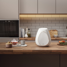 Linn Series 3 301 Loudspeaker on a wooden kitchen counter with a double oven behind and a sink.