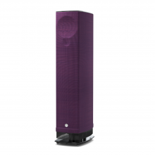 Linn Series 5 530 Exakt Active Speakers in aubergine with a black glass stand