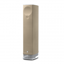 Linn Series 5 530 Exakt Active Speakers in Butterscotch with a white glass base