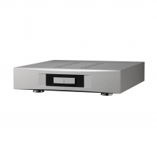 Linn Akurate 3200 Amplifier in silver, front, top and side view.