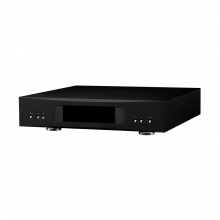 Linn Akurate DS in black, front, top and side view.