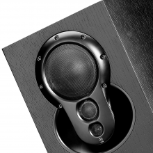 Close-up view of a Linn Akudorik Exakt speaker in black ash