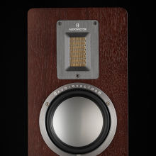 Audiovector QR5 close-up of the top of a dark walnut speaker