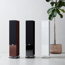 Audiovector QR5 in all three colours with grilles on beside a tall houseplant.