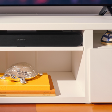 Sonos Ray Smart Soundbar in black on a tv stand with books and a tortoise ornament on the shelf below