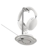 White Sonos Ace Headphones on the white stand viewed from underneath
