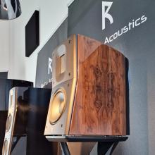 Raidho Acoustics TD1.2 Speaker in the burl finish.  Photo taken at the Munich HiFi show in 2024