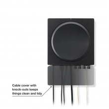 Flexson Wall Mount Amp Black x1 with faded cable cover showing cables through it and the words "Cable cover with knock-outs keeps things clean and tidy".