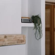 WiiM Vibelink Amp on a white shelf with a pot plant beside it and a wooden shelf in the foreground