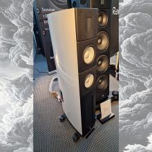 Raidho Acoustics X2.6 Loudspeaker beside a larger Raidho speaker at the 2024 Munich HiFi Show