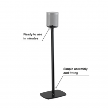 Flexson Floor Stand One/Play1 EU x2 in black with the annotation "ready to use in minutes" and "simple assembly and fitting".